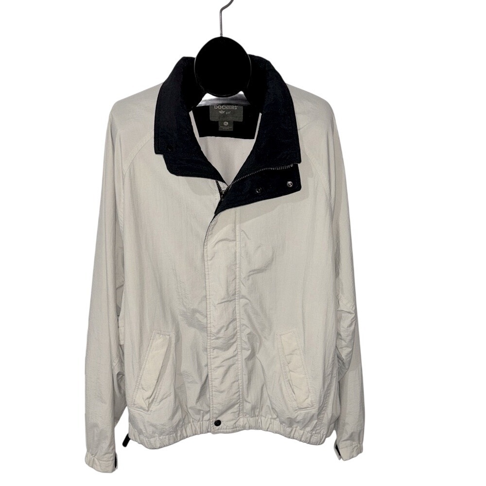 Dockers Golf Men's XL Lined Jacket Beige w Blue Collar, Gently Used Exc Cond